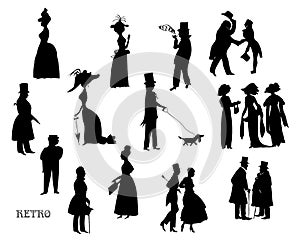 Ladies and gentlemen on walk, vintage style, black and white silhouette