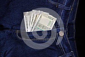 Ladies jeans with money. Close up view of pant zip with money. Blue Jeans with money. woman denim blue jeans with money.