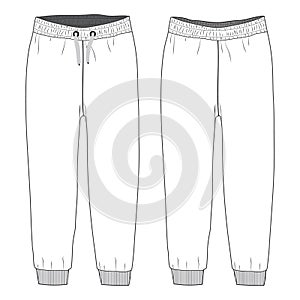 Ladies and Kids Basic Fleece Sweat Pant fashion flat sketch vector Illustration template front and back view.