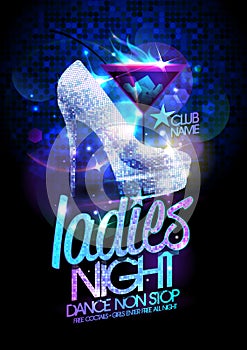 Ladies night poster with high heeled diamond crystals shoes and cocktail.