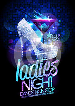 Ladies night poster illustration with high heeled diamond crystals shoes