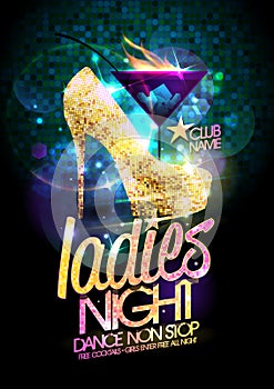 Ladies night vector illustration with gold high heeled shoes and burning cocktail.