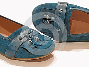 Ladies nubuck leather suede shoes pair blue green tassles footwear feet comfort shoe