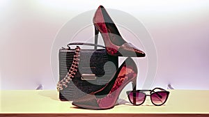 Ladies shoes, handbag, sunglass and jewelry photo