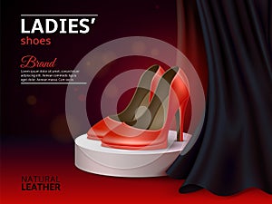 Ladies shoes poster. Female classic high heeled red footwear on white podium. Premium quality leather classic elegance