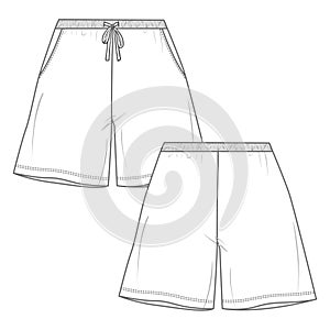 Ladies Shorts Pant fashion flat sketch vector Illustration template front and back view.