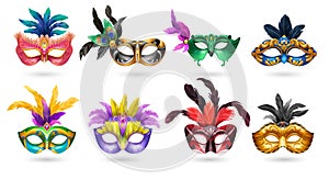 Ladies venetian carnaval masquerade colorful eye masks with feathers realistic set white background shadow isolated vector