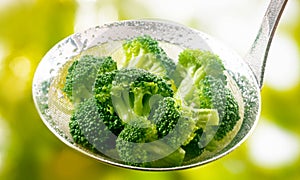 Ladle full of steamed fresh young broccoli florets photo