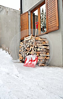 Ladle and logs winter snow season