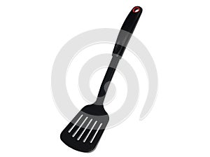 Ladle, spatula and skimmer from food plastic in black on a white background, isolate, kitchen utensils