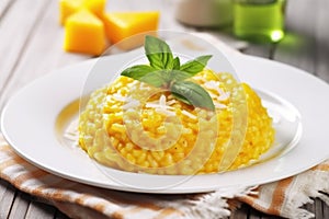 ladling risotto milanese onto a white ceramic plate