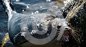 The Ladoga ringed seal with open mouth. Close up. Scientific name: Pusa hispida ladogensis. The Ladoga seal in a natural habitat.