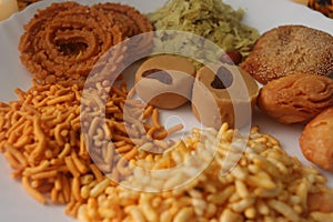 Ladoo Chakali Sev and Chivda. Closeup. Food Photography