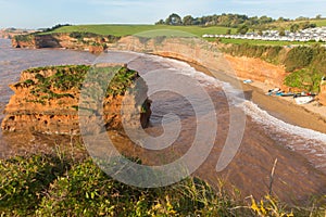 Ladram Bay beach Devon England UK with red sandstone rock stack located between Budleigh Salterton and Sidmouth