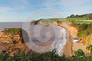 Ladram Bay Devon England UK with red sandstone rock stack located between Budleigh Salterton and Sidmouth