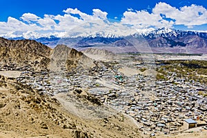 Ladscape showing a beautiful panoramic view of the city of Leh, Ladakh, North India.