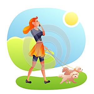Lady with animals in park flat vector illustration