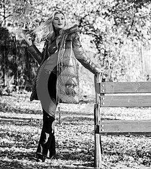 Lady attractive fashionista posing in jacket. Jacket for fall season concept. Woman fashionable blonde with makeup stand
