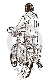 Lady bicycle touring free hand drawing, vector and illustration