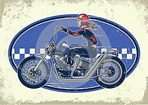 Lady biker ride chopper motorcycles with vintage texture