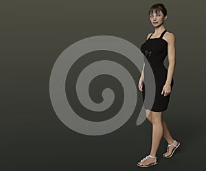 Lady in black dress. Person in the image is computer generated by 3D rendering. No model release is needed as the person