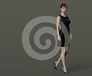 Lady in black dress. Person in the image is computer generated by 3D rendering. No model release is needed as the person