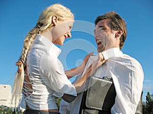 Lady boss talk with man