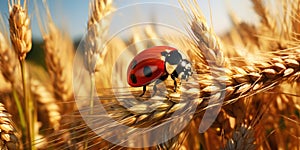 A lady bug eating aphids on a ripe wheat ear in a feld of ripe wheat