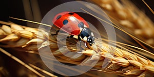 A lady bug eating aphids on a ripe wheat ear in a feld of ripe wheat