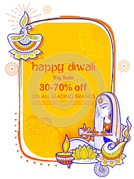 Lady burning diya on Happy Diwal Holiday Sale promotion advertisement background