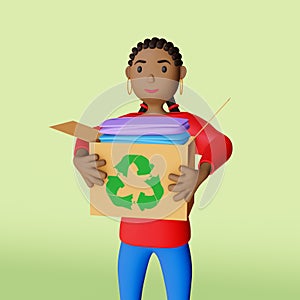 Lady carrying box of clothes with recycle textiles icon on box, recycle clothes 3D illustration