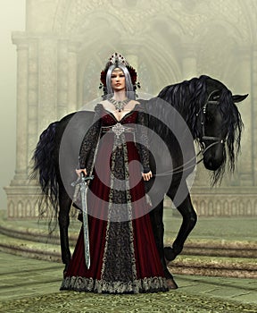 Lady of the Castle with black Horse, 3d CG