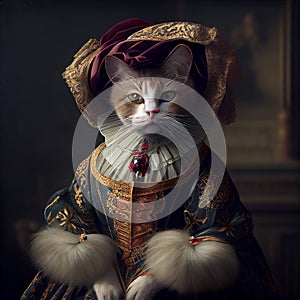 Lady cat. Elegant female model wearing in retro style outfit. Comparison of art, surrealism, beauty and creativity, ad