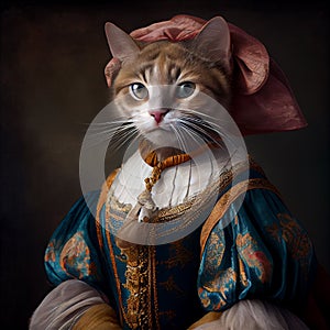 Lady cat. Elegant female model wearing in retro style outfit. Comparison of art, surrealism, beauty and creativity, ad