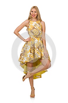 Lady in charming yellow dress isolated on white