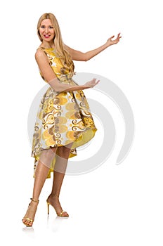 Lady in charming yellow dress isolated on white