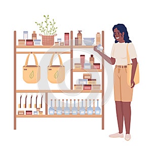 Lady choosing organic cosmetics semi flat color vector character