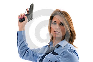 Lady cop posing with gun on white background