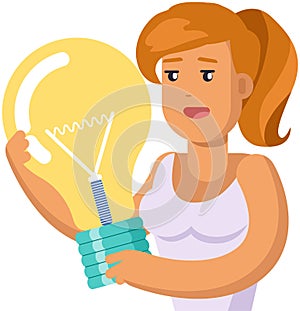 Lady creates idea of new project, planning startup. Woman holding light bulb, lighting device
