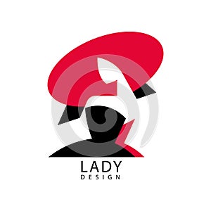Lady design logo, red and black fashion and beauty emblem vector Illustration