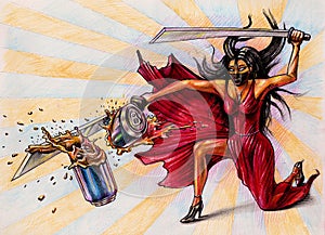 Lady destroys the jar by sword - illustration on paper - comics
