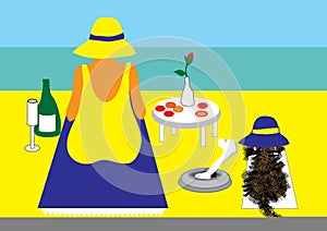 Lady and dog on beach with picnic