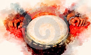 Lady drummer with her djembe drum and softly blurred watercolor background.