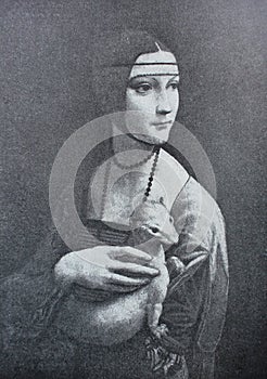 Lady with an ermine by Leonardo Da Vinci in a vintage book Leonard de Vinci, author A. Rosenberg, 1898, Leipzig