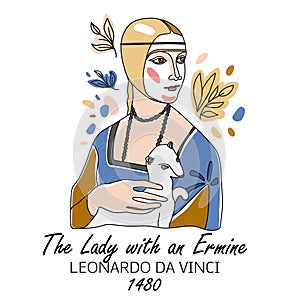 The Lady with an Ermine. Vector minimal line hand drawn illustration on white. Icon.