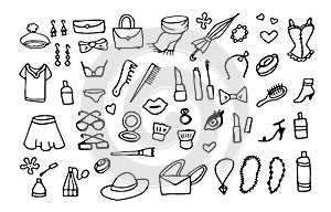 Lady fashion accessories vector doodle set