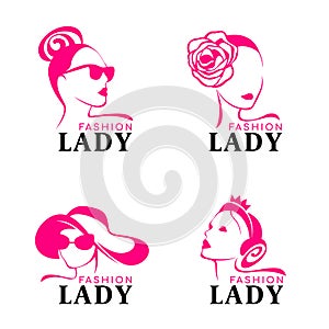 Lady fashion logo with woman face Wearing crown jewelery, hat goggles vector design