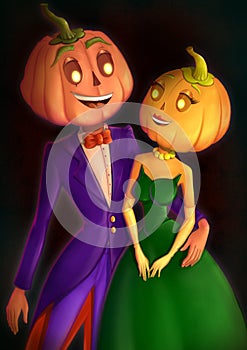 Lady and gentleman pumpkins dressed for party. Couple of pumpkins hugging. Design concept for Halloween.