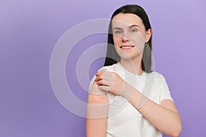 Lady getting vaccinated immunity to covid-19, recommended inoculation, coronavirus program, isolated on purple background with