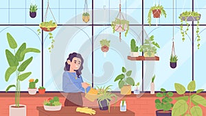 Lady at greenhouse. Cute woman watering plants at home garden, urban tropical jungle crazy hobby houseplant growing care